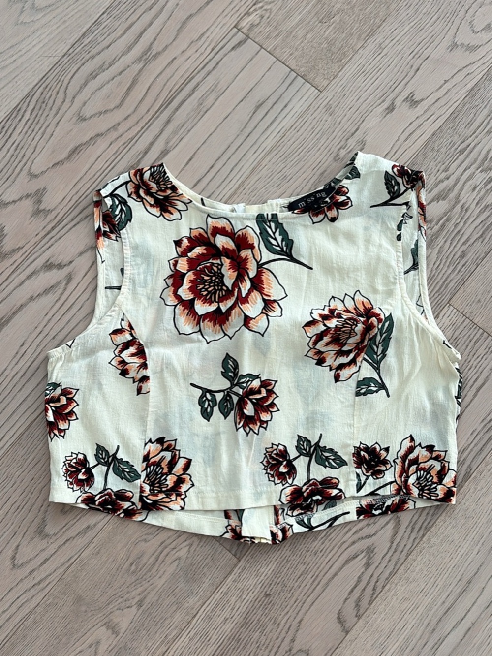 Floral Crop Tank Top - Cream with Red Blooms